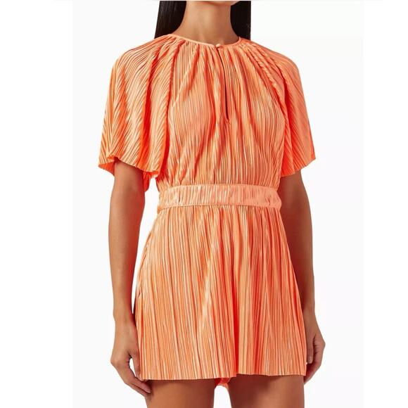 Revolve MinkPink Livia Plisse short sleeve Flowy Orange Pleated Romper small - Picture 1 of 8